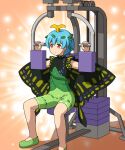  1girl adapted_costume antennae aqua_hair black_dress closed_mouth dress eternity_larva fairy fairy_wings green_dress green_footwear green_shorts leaf leaf_on_head md5_mismatch multicolored_clothes multicolored_dress red_eyes shirosato shoes short_hair short_sleeves shorts sitting solo touhou wings 