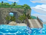 blue_sky bridge clouds commentary day english_commentary highres no_humans ocean official_style outdoors palm_tree scenery shadowiie sky sonic_(series) sonic_the_hedgehog_(2006) tree uno_yuuji_(style) water web_address 