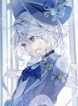  1girl ahoge ascot blue_ascot blue_bow blue_coat blue_eyes blue_headwear blue_theme blurry blurry_background bow coat commentary furina_(genshin_impact) genshin_impact hat hat_bow highres kagaku_o long_hair looking_down parted_lips sidelocks solo top_hat upper_body white_hair 
