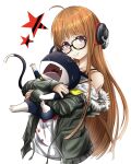  1boy 1girl absurdres ahoge animal bare_shoulders cat closed_eyes fur-trimmed_jacket fur_trim glasses green_jacket grey_eyes headphones highres holding holding_animal holding_cat jacket kagura_(05410zura) long_hair looking_at_viewer morgana_(persona_5) open_mouth orange_hair pawpads persona persona_5 sakura_futaba scarf shirt simple_background smile star_(symbol) tail teeth white_background white_shirt yellow_scarf 