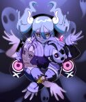  1boy 2girls acerola_(pokemon) ahoge allister_(pokemon) armlet black_hair bright_pupils closed_mouth collared_shirt commentary_request dress eyelashes floating_hair ghost_miku_(project_voltage) glint gloves grey_eyes hair_between_eyes hair_ornament hairclip hatsune_miku highres long_hair long_sleeves looking_up mask mocacoffee_1001 multiple_girls partially_fingerless_gloves pokemon pokemon_(game) pokemon_sm pokemon_swsh project_voltage purple_hair shirt short_hair short_sleeves signature single_glove smile suspenders topknot torn_clothes torn_dress twintails violet_eyes vocaloid white_pupils 