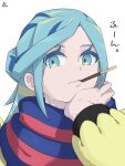  1boy blue_scarf closed_mouth commentary_request eyelashes food_in_mouth green_eyes green_hair grusha_(pokemon) hand_up head_rest highres jacket long_sleeves male_focus min_(myna8247) mouth_hold pocky_day pocky_in_mouth pokemon pokemon_(game) pokemon_sv scarf signature simple_background solo striped striped_scarf white_background yellow_jacket 