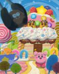  blush_stickers cake candy chocolate closed_mouth cook_kirby copy_ability cup food food_focus fruit highres kirby kirby&#039;s_dream_buffet kirby_(series) ladle lollipop looking_at_viewer miclot no_humans open_mouth pink_footwear shoes smile sprinkles strawberry teacup tongs wafer_stick 