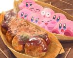  blue_eyes blush_stickers closed_eyes food food_focus food_on_face katsuobushi kirby kirby_(series) miclot no_humans open_mouth pink_footwear saliva sauce shoes sitting sleeping smile sparkling_eyes steam takoyaki toothpick 
