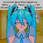 1girl absurdres aqua_eyes aqua_hair aqua_necktie artist_name backrooms_(creepypasta) bare_shoulders closed_mouth comedy commentary english_commentary english_text gif_caption_(meme) grey_shirt hair_between_eyes hair_ornament half-closed_eyes hatsune_miku highres indoors long_hair looking_at_viewer meme necktie photo_background portrait sainttufa shirt sleeveless sleeveless_shirt smile solo straight-on twintails vocaloid watermark