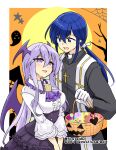  1boy 1girl alternate_costume blue_hair brother_and_sister dress fire_emblem fire_emblem:_genealogy_of_the_holy_war halloween halloween_bucket halloween_costume julia_(fire_emblem) long_hair looking_at_another open_mouth ponytail purple_hair seliph_(fire_emblem) siblings simple_background violet_eyes yukia_(firstaid0) 