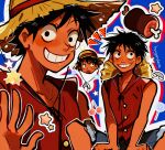  absurdres black_hair blush boned_meat candy cherry food fruit happy hat highres huyandere lollipop looking_at_viewer looking_to_the_side male_focus meat monkey_d._luffy multiple_views one_piece rainbow red_shirt scar scar_on_cheek scar_on_face shirt short_hair shorts smile star_(symbol) sticker straw_hat toned toned_male tongue tongue_out waving 