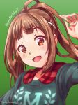  1girl absurdres blush breasts brown_eyes brown_hair collared_sweater gradient_background green_background hair_ornament hairclip hand_up happy_birthday highres open_mouth ponytail shirt solo tachikawa_midori tokimeki_idol twitter_username upper_body whip_lettuce 