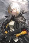  1girl absurdres aircraft airplane assault_rifle bad_gun_anatomy black_cloak black_gloves bomber braid braided_ponytail burning_building chinese_commentary cloak commentary_request commission debris eyepatch girls_frontline gloves gradient_hair gun highres holding holding_gun holding_weapon looking_at_viewer m16 m16a1_(girls&#039;_frontline) magazine_(weapon) military_vehicle multicolored_hair one_eye_covered overcast rifle ruins scar scar_across_eye scar_on_cheek scar_on_face shirt sky smoke solo streaked_hair upper_body war weapon white_hair xiegegege_gezi yellow_eyes yellow_shirt 