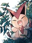  &gt;_&lt; :d animal_focus artist_name branch closed_eyes fangs hanabusaoekaki highres leaf no_humans open_mouth pokemon pokemon_(creature) smile solo teeth victini white_background xd 
