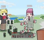  2girls ^_^ alcohol black_bow black_shirt blonde_hair blunt_bangs bocchi_the_rock! bow bowtie braid closed_eyes commentary_request day dress drunk full_body gameplay_mechanics green_dress hair_bow hair_over_shoulder hiroi_kikuri holding_carton ijichi_nijika long_hair medium_dress minecraft monster_energy multiple_girls open_mouth outdoors purple_hair red_bow red_bowtie shirt short_sleeves side_ponytail single_braid standing torako_(toramaru) user_interface 