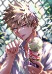  1boy absurdres bakugou_katsuki blonde_hair boku_no_hero_academia esora-arts food highres holding holding_food holding_ice_cream holding_spoon ice_cream ice_cream_cone male_focus mouth_hold red_eyes school_uniform shirt short_hair smile solo spiky_hair spoon teeth u.a._school_uniform white_shirt 