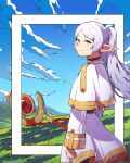  1girl artist_request blue_sky border capelet closed_mouth clouds cloudy_sky earrings frieren from_behind green_eyes highres holding holding_staff jewelry landscape light_smile long_hair long_sleeves looking_at_viewer looking_back outdoors outside_border pointy_ears ponytail sky solo sousou_no_frieren staff white_border white_capelet white_hair 