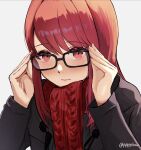  1girl adjusting_eyewear black-framed_eyewear black_jacket blush closed_mouth glasses highres jacket lips long_hair long_sleeves looking_at_viewer persona persona_5 persona_5_the_royal pink_lips pppppknw red_eyes red_scarf redhead scarf simple_background solo twitter_username white_background yoshizawa_sumire 