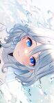  1girl absurdres artist_name blue_eyes blush closed_mouth commentary_request facing_viewer focalors_(genshin_impact) genshin_impact high_collar highres long_hair mismatched_pupils portrait smile solo tearing_up water water_drop white_hair yshnc22 