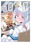  1girl ^^^ absurdres blue_archive blush breasts chopsticks commentary_request food halo highres himiya_jouzu holding holding_chopsticks jacket long_hair looking_at_viewer looking_back medium_breasts noa_(blue_archive) rice shirt sitting solo speech_bubble translation_request violet_eyes white_hair white_jacket white_shirt 