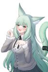 1girl :d absurdres animal_ear_fluff animal_ears arknights black_ribbon black_skirt blush breasts cat_ears cat_girl cat_tail collared_shirt green_eyes green_hair grey_sweater_vest hands_up harmonie_(arknights) highres infection_monitor_(arknights) layered_sleeves long_hair long_sleeves looking_at_viewer neck_ribbon open_mouth paw_pose pleated_skirt ribbon shirt simple_background skirt small_breasts smile solo sweater_vest tail tail_ornament tail_ring very_long_hair white_background white_shirt yokaze_kotoha 