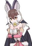  1girl animal_ears bat_ears bat_girl bat_wings brown_eyes brown_hair brown_long-eared_bat_(kemono_friends) elbow_gloves extra_ears fingerless_gloves gloves grey_hair kemono_friends kemono_friends_v_project leotard long_hair looking_at_viewer microphone pantyhose simple_background skirt solo virtual_youtuber wellwich wings 