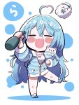  1girl =_= ahoge blue_footwear blue_hair blue_jacket blush_stickers bottle camisole chibi creature daifuku_(yukihana_lamy) double-parted_bangs drunk frilled_camisole frills full_body fur-trimmed_jacket fur_trim hair_between_eyes heart heart_ahoge holding holding_bottle hololive jacket long_hair messy_hair multicolored_hair nabe_(nabe_otome) official_alternate_costume official_alternate_hairstyle open_mouth partially_unzipped polka_dot_camisole sake_bottle sleepwear slippers solo_focus streaked_hair striped striped_jacket very_long_hair virtual_youtuber white_camisole yukihana_lamy yukihana_lamy_(4th_costume) yukimin_(yukihana_lamy) 