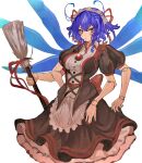  1girl absurdres antennae arthropod_girl blue_hair breasts broom closed_mouth commentary english_commentary extra_arms highres holding holding_broom looking_at_viewer maid maid_headdress original red_nails short_hair short_sleeves simple_background solo tomatolover16 white_background wings 