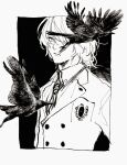  1boy akechi_gorou bird closed_mouth collared_shirt commentary_request crow expressionless greyscale highres kaisen_(kaisen_inari) long_sleeves looking_at_viewer male_focus monochrome necktie persona persona_5 shirt short_hair solo upper_body 