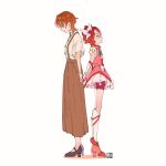  2girls aged_up artist_logo bike_shorts bike_shorts_under_skirt boots brooch brown_eyes brown_hair butterfly_brooch commentary_request cure_rouge dual_persona earrings eyelashes hair_ornament high_heel_boots high_heels highres jewelry kibou_no_chikara_~otona_precure_&#039;23~ looking_to_the_side magical_girl multiple_girls natsuki_rin precure red_eyes red_vest redhead sad short_hair shorts shorts_under_skirt signature simple_background skirt spiky_hair standing tete_a vest white_background wrist_cuffs yes!_precure_5 