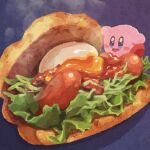  blue_background blue_eyes blush_stickers burger cabbage food food_focus highres kirby kirby_(series) lettuce miclot mos_burger no_humans open_mouth pink_footwear saliva sausage shoes simple_background smile softboiled_egg steam 
