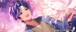  1boy :d aqua_eyes astel_leda blonde_hair blue_hair blue_jacket blurry brown_kimono cherry_blossoms copyright cup flower haori holding holding_cup holostars jacket japanese_clothes kimono male_focus multicolored_hair official_art parted_bangs pink_flower sakazuki short_hair smile solo streaked_hair teeth tree upper_body upper_teeth_only urashima_(hidoro_mgmg) virtual_youtuber wavy_hair 