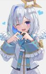  1girl amane_kanata amane_kanata_(1st_costume) angel angel_wings blue_hair blush bow colored_inner_hair commentary_request halo heart heart_hands highres hololive hopepe looking_at_viewer medium_hair multicolored_hair open_mouth single_hair_intake smile solo star_halo upper_body violet_eyes virtual_youtuber white_hair wings 