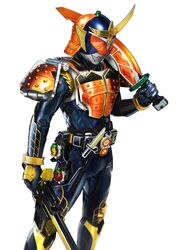  1boy armor belt blue_bodysuit bodysuit daidai_maru food fruit highres holding holding_sword holding_weapon kamen_rider kamen_rider_gaim kamen_rider_gaim_(series) lock_seed male_focus masukudo_(hamamoto_hikaru) musou_saber orange_(fruit) samurai sengoku_driver shoulder_armor solo standing sword tokusatsu weapon white_background 