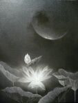  dark flower full_moon greyscale light mitzoka2001 monochrome moon no_humans original painting_(medium) plant shadow traditional_media 