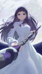  1girl absurdres aiming aiming_at_viewer blunt_bangs dress expressionless fern_(sousou_no_frieren) floating_hair full_moon highres holding holding_staff llami_0 long_dress long_hair long_sleeves looking_at_viewer mage_staff moon purple_hair solo sousou_no_frieren staff very_long_hair violet_eyes white_dress 