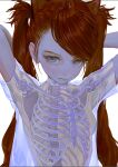  1girl animal_ears arms_behind_head arms_up blue_eyes brown_hair cat_ears close-up closed_mouth expressionless feifei_(fkey) fkey highres long_hair looking_at_viewer original shirt short_sleeves simple_background skeleton_print solo swept_bangs twintails upper_body white_background white_shirt 