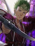  1boy artist_name belt blue_eyes bow_(weapon) collar collared_jacket commentary_request eiyuu_densetsu green_hair holding holding_bow_(weapon) holding_clothes holding_jacket holding_weapon jacket kevin_graham looking_at_viewer male_focus parted_lips pointing_weapon purple_background purple_jacket sawaponu3 short_hair solo sora_no_kiseki stained_glass teeth weapon white_jacket 