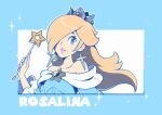  1girl aqua_background aqua_dress blonde_hair brooch character_name crown dress earrings hair_over_one_eye highres holding holding_wand jewelry long_hair long_sleeves looking_to_the_side parted_lips rosalina saiwo_(saiwoproject) solo star_(symbol) star_brooch star_earrings star_wand strapless strapless_dress super_mario_bros. two-tone_background upper_body wand white_background 