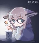  1girl :&lt; animal_ears arknights chopsticks closed_mouth coat commentary_request disembodied_limb fox_ears fox_girl glasses holding holding_chopsticks looking_at_viewer oudonium pink_hair ramen solo sussurro_(arknights) white_coat 
