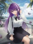  1girl absurdres adjusting_hair artist_name bag black_bow black_bowtie black_skirt bow bowtie closed_mouth fern_(sousou_no_frieren) highres looking_at_viewer mashiro_arts ocean palm_tree purple_hair shirt shirt_tucked_in shoulder_bag sitting skirt sky solo sousou_no_frieren tented_shirt traditional_bowtie tree violet_eyes white_shirt 