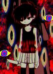  1boy black_eyes black_hair black_socks black_tank_top closed_mouth collarbone english_text eyeball highres holding holding_knife knife limited_palette looking_to_the_side male_focus menma_(enaic31) omori omori_(omori) red_background short_hair shorts socks solo tank_top white_shorts 