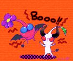  artist_name black_horns black_wings blue_eyes colored_skin commentary demon_horns demon_tail demon_wings ebibom english_text flower halloween halloween_costume horns leaf no_humans no_mouth orange_background outstretched_arms pikmin_(creature) pikmin_(series) pink_skin purple_flower shadow signature solid_circle_eyes straight-on striped striped_background tail white_pikmin white_skin winged_pikmin wings 