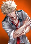  1boy absurdres bakugou_katsuki blonde_hair boku_no_hero_academia closed_mouth esora-arts grey_jacket highres jacket long_sleeves male_focus necktie orange_background red_eyes red_necktie school_uniform shirt short_hair solo spiky_hair u.a._school_uniform 