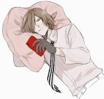  1boy akechi_gorou brown_eyes brown_hair closed_mouth collared_shirt commentary_request frown gloves grey_gloves hair_over_one_eye highres holding holding_phone kaisen_(kaisen_inari) long_sleeves looking_at_phone lying male_focus necktie on_side persona persona_5 phone pillow shirt solo striped_necktie white_background white_shirt 