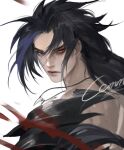  1boy blue_eyes blue_hair closed_mouth english_commentary expressionless heterochromia highres jewelry kayn_(league_of_legends) league_of_legends long_hair looking_at_viewer looking_back male_focus multicolored_hair necklace parted_bangs red_eyes rellapzz3 simple_background solo streaked_hair upper_body white_background 