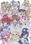 6+girls ahiru_(princess_tutu) amano_ichigo amulet_angel antenna_hair arm_up armband atat_karubi ballerina bishoujo_senshi_sailor_moon blonde_hair blue_bow blue_bowtie blue_dress blue_eyes bow bowtie brooch brown_eyes brown_hair cardcaptor_sakura chef_hat choker collarbone color_connection commentary covering_own_mouth crossover crown cure_white detached_sleeves double_bun dress earrings english_commentary fingers_to_cheeks flat_top_chef_hat frilled_dress frills futari_wa_precure futari_wa_precure_max_heart genre_connection gloves green_eyes hair_bow hair_bun hair_wings hanazono_karin hat heart heart_brooch high_ponytail highres hinamori_amu holding holding_wand hoshi_no_tsue jewelry kamichama_karin kinomoto_sakura kirakishou long_hair looking_at_viewer magical_girl makihatayama_hana mini_crown multiple_crossover multiple_girls neckerchief no_nose ojamajo_doremi one_eye_covered open_mouth pink_dress pink_hair ponytail precure pretty_series princess_tutu princess_tutu_(character) pripara puffy_short_sleeves puffy_sleeves purple_hair red_neckerchief redhead rozen_maiden sailor_collar sailor_cosmos sailor_senshi_uniform shiratama_mikan short_hair short_sleeves shugo_chara! tiara tutu twintails upper_body very_long_hair violet_eyes wand white_background white_choker white_dress white_gloves white_hair white_sailor_collar white_theme winged_wand yellow_dress yellow_eyes yukishiro_honoka yumeiro_patissiere