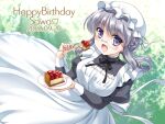  1girl apron back_bow blush bow braid cake cake_slice dated dress eating food fork glasses grey_hair hair_rings happy_birthday hat highres holding holding_fork holding_plate indie_virtual_youtuber juliet_sleeves kkurumi long_sleeves maid mob_cap neck_ribbon open_mouth original plate puffy_sleeves ribbon smile sunlight violet_eyes virtual_youtuber 
