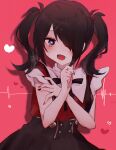  1girl :d ame-chan_(needy_girl_overdose) black_hair black_nails black_ribbon black_skirt blush breath cardiogram collared_shirt commentary_request drop_shadow hair_ornament hair_over_one_eye hair_tie hairclip hands_up heart heart_in_eye highres looking_at_viewer migimiya_yoru multicolored_nails neck_ribbon needy_girl_overdose open_mouth red_background red_nails red_shirt ribbon shirt shirt_tucked_in skirt smile solo suspender_skirt suspenders symbol_in_eye twintails violet_eyes x_hair_ornament 