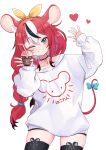  1girl absurdres animal_ears black_thighhighs blue_eyes bow braid cafelittle cup disposable_cup hair_bow hakos_baelz heart highres hololive hololive_english key long_hair mouse_ears mouse_tail multicolored_hair one_eye_closed redhead smile strawberry_baelz streaked_hair sweater tail tail_bow tail_ornament thigh-highs thighs virtual_youtuber white_background white_sweater 