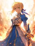  1girl ahoge armor armored_dress artoria_pendragon_(fate) blonde_hair braid braided_bun closed_mouth commentary embers excalibur_(fate/stay_night) fate_(series) fire french_braid gauntlets green_eyes hair_bun hair_ribbon highres long_sleeves looking_at_viewer ribbon saber single_hair_bun solo sword tarte_(hodarake) weapon wind 