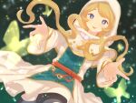  1girl belt blonde_hair blue_eyes bug butterfly cropped_legs diamond_(shape) fantasy_life green_background highres hood hooded_robe jewelry kmk_(user_gvru5247) looking_at_viewer magic necklace outstretched_hand robe smile solo twintails yuelia_(fantasy_life) 