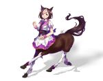  1girl :d absurdres animal_ears bow braid breasts brown_hair centaur chinese_commentary commentary_request dated ear_bow french_braid frilled_skirt frills full_body highres horse_ears horse_tail looking_at_viewer medium_breasts monster_girl monsterification multicolored_hair multiple_legs neck_ribbon open_mouth purple_bow purple_ribbon purple_vest ribbon shadow shirt short_hair short_sleeves sidelocks signature simple_background skirt smile solo special_week_(umamusume) tail taur thigh-highs two-tone_hair umamusume vest violet_eyes white_background white_hair white_shirt white_skirt white_thighhighs wrist_cuffs yu_su_(moziki) 
