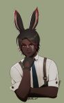  1boy animal_ears black_gloves black_hair blue_necktie commentary commission cropped_torso dark-skinned_male dark_skin english_commentary facial_mark final_fantasy final_fantasy_xiv freckles gloves green_background highres koffo-art male_focus necktie rabbit_ears red_eyes redhead smile solo suspenders twitter_username very_dark_skin viera warrior_of_light_(ff14) 